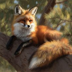 a painting of a red fox sitting on a tree branch with its eyes wide open