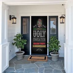 a holiday party sign on the front door of a white house with potted plants