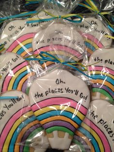 some cookies are wrapped in plastic and have words on them that spell out the place you'll go