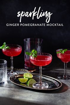 Inspired by the moscow mule cocktail, this sparkling nonalcoholic pomegranate mocktail features a ginger infused simple syrup, pomegranate juice, and ginger beer. Mocktail Board, Sparkling Water Mocktail, Pomegranate Mocktail, Infused Simple Syrup, Nonalcoholic Drink, Rosemary Cocktail, Holiday Mocktail, Pomegranate Cocktails, Ginger Fizz