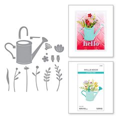 two cards with flowers and watering can