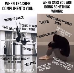 two pictures with different words on them, one has a dancer and the other is doing something wrong