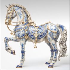 a figurine of a horse with blue and white designs on it's body