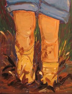 a painting of someone's feet in yellow rubber boots and blue jeans, with grass behind them