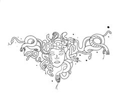 a black and white drawing of a woman with snakes around her head