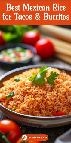 mexican rice for tacos and burritos in a bowl with tomatoes on the side