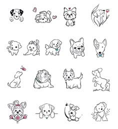 a bunch of dogs that are drawn in black and white ink with hearts on them