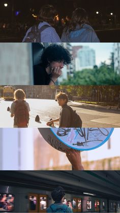 several different scenes from the same movie with one man holding a skateboard and another person standing