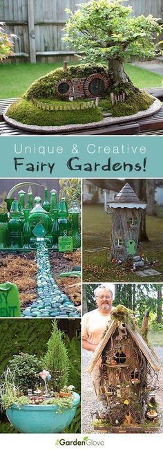 an image of a fairy garden with lots of green plants and trees in it, including a