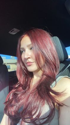 Cherry Red Hair Streaks, Red Front Hair Strands, Cherry Red With Pink Money Piece, Cherry Red Hair With Money Pieces, Cherry Red Hair With Layers, Red Hair On Light Skin, Wine Red Hair Color, Red Hair Outfits