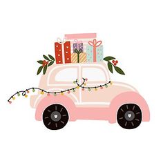 a pink car with presents on top