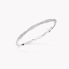 Diamond Half Pavé Oval Bracelet, White Gold | Spiral | GraffA7 Graff Bangles, Graff Jewelry, Diamond Shaped Engagement Ring, Oval Bracelet, White Diamond Jewelry, Spiral Jewelry, Graff Diamonds, White Gold Bangle, Pave Diamond Band