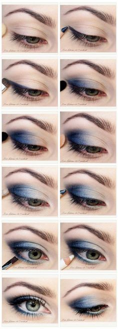 Eyeshadow Tutorials for Blue Eyes | 12 Colorful Eyeshadow Tutorials For Blue Eyes by makeup Tutorials at http://makeuptutorials.com/12-colorful-eyeshadow-tutorials-blue-eyes/ #slimmingbodyshapers To create the perfect overall style with wonderful supporting plus size lingerie come see slimmingbodyshapers.com                                                                                                                                                     More Graduation Makeup Tutorial, Smokey Eyes Tutorial, Smoky Eye Makeup Tutorial, Makeup App, Blue Smokey Eye, Bentuk Alis, Blue Makeup Looks