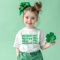 "Available in sizes youth and adult sizes! Choose one: \"Birthday Girl\" OR \"Birthday Boy\" - St Patty's Day theme These are unisex, short sleeve. Youth sizes run small, please size up at least one size.  SIZING NOTE:  These shirts are UNISEX and tend to run a tad small. Want a PROMO CODE?  Make sure to sign up for emails! Please visit here to subscribe: https://mailchi.mp/157ecc4dad66/aboutasprout *A note about our process: Shirts and infant bodysuits are not screen printed. No ink is used. I am happy to offer a more vibrant, longer lasting option with vinyl. I only use top-quality vinyl with a commercial-grade heat press machine. This allows even pressure and heat distribution, ensuring long-lasting designs that will not peel.  These are NOT cheap iron-ons or DIY-quality products. Thank St Pattys Birthday Party, Green Letter Print Top For Birthday, Green Tops With Name Print For Birthday, Green Graphic Print Top For Birthday, Green Letter Print Tops For Birthday, Green Letter Print T-shirt For Birthday, Green Graphic Print T-shirt For Birthday, Green Short Sleeve Birthday T-shirt, Fun Green T-shirt For Birthday