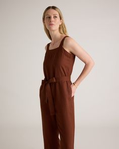 One and done. Just add accessories for an effortlessly cool utilitarian-chic look. Our square-neck linen jumpsuit from our best-selling European linen collection couldn’t be simpler with adjustable shoulder straps and self-tie belt for a perfect fit. Did we mention it’s also super comfy, breathable, and lightweight?  | Quince | Women's 100% European Linen Square Neck Jumpsuit in Chocolate, Size Small Chic Linen Jumpsuits And Rompers With Tie Waist, Summer Workwear Jumpsuits And Rompers With Adjustable Straps, Summer Linen Jumpsuits And Rompers With Adjustable Straps, Casual Linen Belted Jumpsuits And Rompers, Summer Linen Belted Jumpsuits And Rompers, Brown Sleeveless Jumpsuit With Pockets, Brown Relaxed Fit Overall Jumpsuit, Brown Linen Jumpsuit, Linen Wide-leg Jumpsuits For Beach