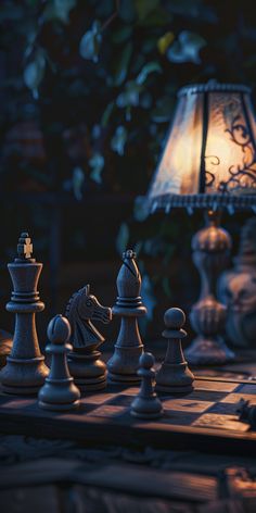 a chess board with several pieces on it and a lamp in the backround