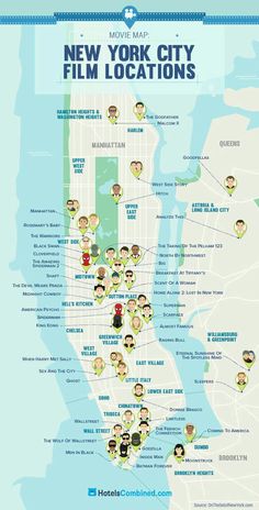 the new york city film locations map is shown in blue and has many people on it