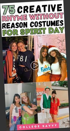 some people are dressed up and posing for the camera with text that reads 75 creative rhyme without reason costumes for spirit day