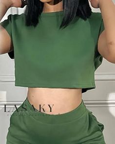 Lasaky - Contemporary O-neck Crop Top and Sleek Cargo Pants Set with Convenient Pocket Design Casual Stretch Cropped Sets, Casual Cropped Green Pants, Green Cropped Casual Pants, Casual Green Cropped Pants, Crop Top And Cargo Pants, Coordinates Outfits, Half Skirt, Top Pants Set, Neck Crop Top