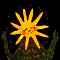 a child's drawing of a yellow sun with eyes closed and hands in the air