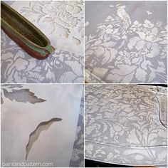 four pictures of different patterns and designs on fabric, including an oval tray with handles