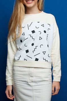 Squiggle white handmade sweatshirt by WilderShores on Etsy Retro White Sweatshirt For Spring, White Retro Cotton Sweater, Casual Geometric Tops For Spring, White Winter Sweatshirt With Screen Print, White Relaxed Fit Sweater With Screen Print, White Cotton Sweater With Graphic Print, White Retro Sweatshirt With Relaxed Fit, White Retro Sweatshirt Relaxed Fit, White Cotton Sweater With Screen Print