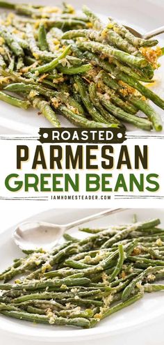 roasted green beans with parmesan cheese and seasoning on top in a white serving dish