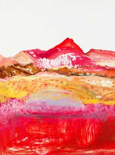 an abstract painting with mountains and water in red, pink, yellow and orange colors