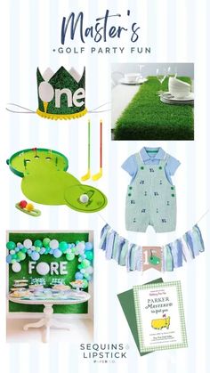 a collage of photos with green and blue items on it, including a baby's first birthday party