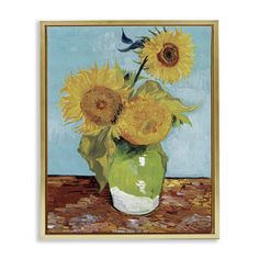 a painting of sunflowers in a green vase