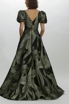 Oversized iris Jacquard V-neck gown with balloon sleeve. Shown in Sage. Amsale Dress, Classy Gowns, Green Gown, Column Gown, Bride Gowns, Floral Jacquard, Chiffon Gown, A Line Gown, Little White Dresses