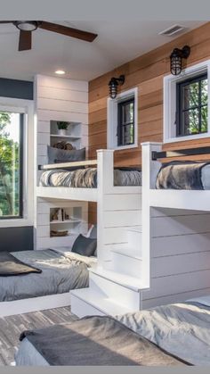 a bedroom with bunk beds and windows in it