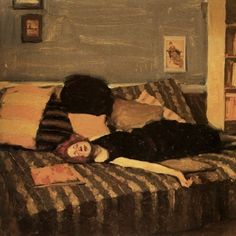 a painting of a woman laying on a couch with bookshelves in the background