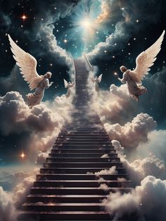 stairs leading to heaven with two angels flying above the clouds and stars in the sky