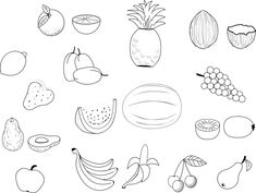 a bunch of fruit that are drawn in black and white