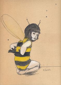 a drawing of a girl dressed as a bee holding a frisbee in her hands