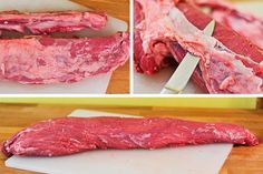 raw meat being cut into pieces on a cutting board