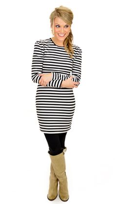 Classic stripes on a fitted silhouette...LOVE! $39 at shopbluedoor.com Chic Fitted Dress With Contrast Stripes, Chic Fitted Dresses With Striped Hem, Chic Striped Stretch Mini Dress, Fitted Long Sleeve Dresses With Vertical Stripes, Chic Striped Stretch Dress, Ribbed Striped Fitted Dress, Striped Ribbed Fitted Dress, Striped Stretch Knee-length Dresses, Military Inspired Outfit