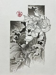 an ink drawing of a fish and flowers