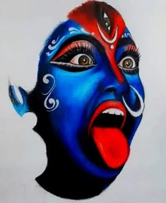 a drawing of a woman's face painted in blue and red