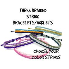 three braided string bracelets with the words choose your color strings on top and bottom