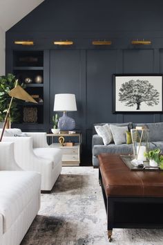 a living room with blue walls and white furniture