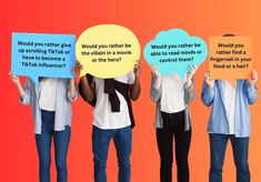 three people holding up speech bubbles with the words would you rather be able to remove them?