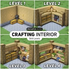 four different views of a building with the words crafting interior skill levels level 1 - 4