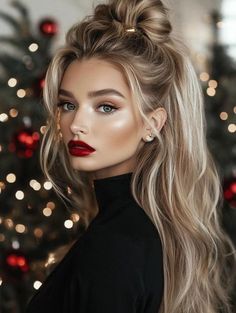 Holiday Hair Updos, Hairstyles For Long Hair For Party, Holiday Updos Christmas Party Hair, Hairstyles For Turtlenecks, Hairstyles Christmas Party, Christmas Party Hairstyles Long, Holiday Party Makeup Looks