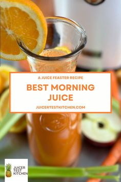 Carafe of freshly juiced oranges, carrots, apples, and celery. Yummy Juice Recipes, Morning Juice Recipe, Lemon Juice Recipes, Breakfast Juice, Morning Juice, Best Morning, Juicy Juice