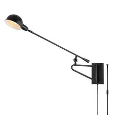 a black wall lamp with a white light on the side and an arm attached to it