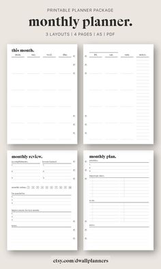 the printable planner page is shown in four different sizes, including one for each month