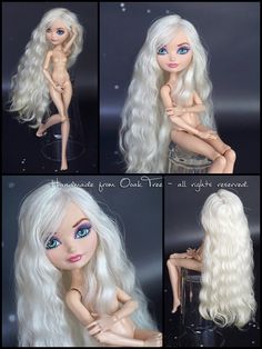 four pictures of a blonde doll with long hair