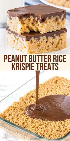 peanut butter rice krispie treats are stacked on top of each other and topped with chocolate